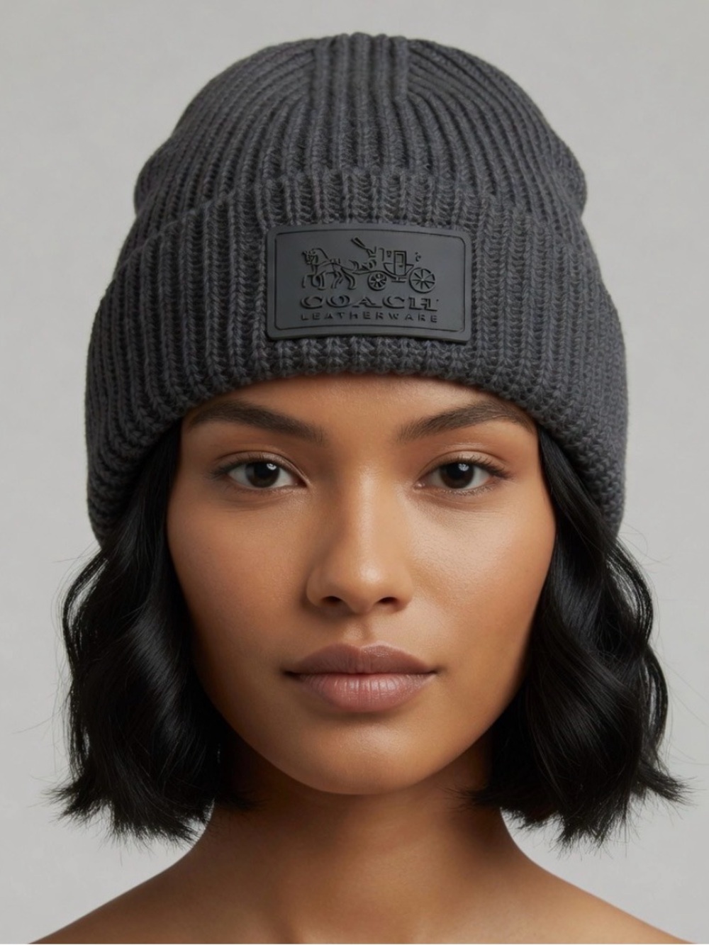 Coach Patch Rib Knit Wool Blend Beanie In Gray NWT